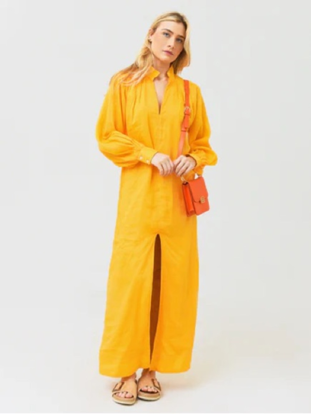 NWT Frame Yellow Long Sleeve Linen Kaftan with Front Slit
